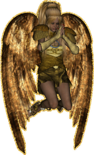 Девушка ангел с белыми волосами и золотыми крыльями стоит...