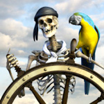 Скелет с попугаем ара за штурвалом корабля