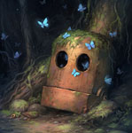Над черепом робота под деревом вьются бабочки