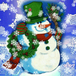Снеговик с новогодними украшениями под идущим снегом