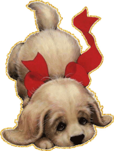 Нарисованный щенок с большим красным бантом