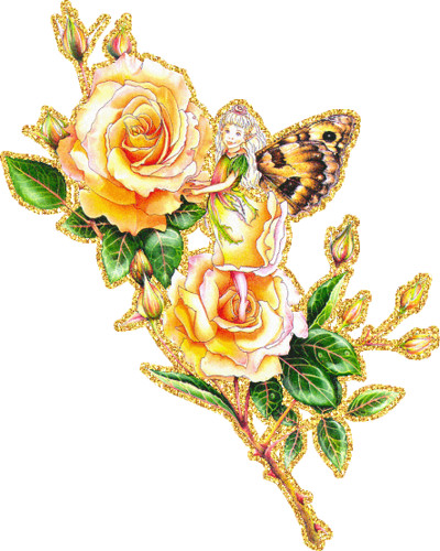 Ветка чайных роз привлекла внимание маленькой феи-бабочки...