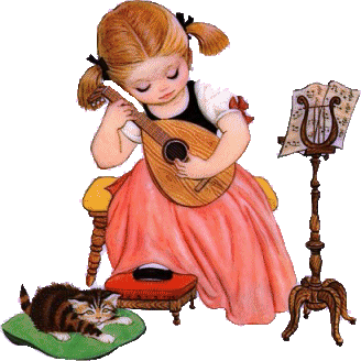 Красивая девочка-музыкант играет на мандолине, киска пома...