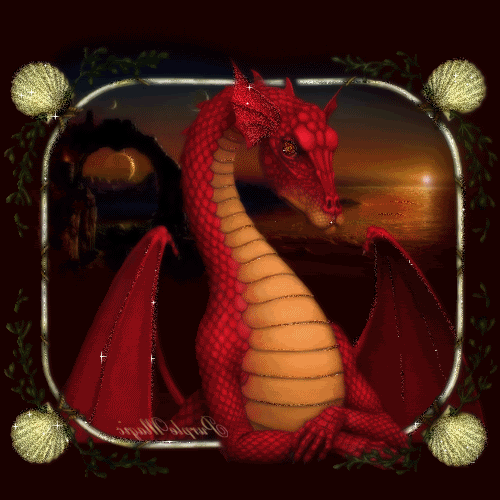 Красный сказочный дракон на блестящей анимационной картин...