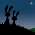 Два силуэта зайцев смотрят на одинокую мерцающую звезду