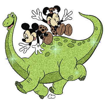 Мини и Микки Маус верхом на блестящем динозавре