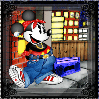 Анимационный рисунок с Микки Маусом, слушающим магнитофон...