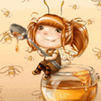 Девочка-пчелка сидит около меда