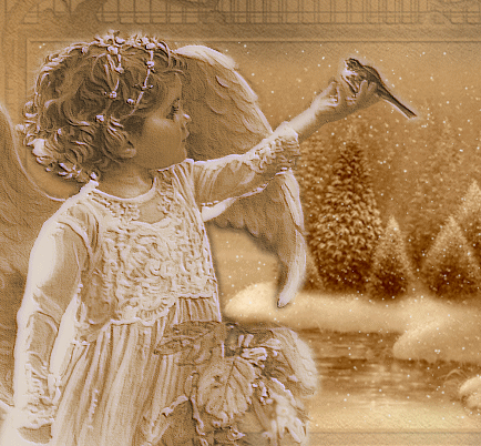 Малышка ангелочек в ажурном платье держит в руках птичку....