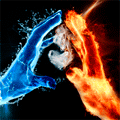  Рука пламени и воды по обе стороны сердечка <b>из</b> дыма  гифка анимация
