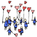  Нарисованные человечки с шариками в форме <b>сердечек</b> в руках  гифка анимация