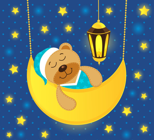 Медведь в ночном колпаке спит на серпе луны. На синем фон...