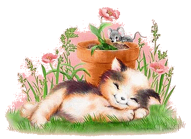 Котик валяется рядом с цветочным горшком на траве среди м...