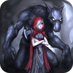 Красная шапочка с топором в руках, сзади неё стоит волк