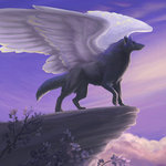 Чёрный волк на скале с крыльями