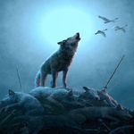 Скорбящий волк стоит на трупах своих собратьев и воет