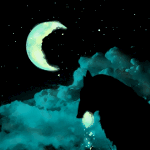  Волк стоит в окружении облаков, с куском луны в <b>зубах</b>  гифка анимация
