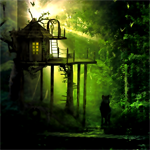 Волк стоит у волшебного домика в лесу