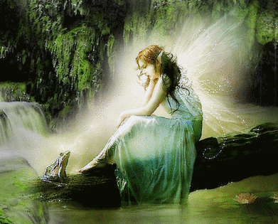 Очень красивая картинка. Молодая эльфийка сидит около вод...