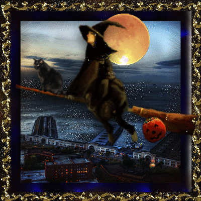 Анимация на Хэллоуин. Ведьма и её чёрный кот летят над го...