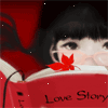 Брюнетка в очках читает книгу красного цвета (love story)