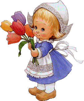 Анимашка ребенок с цветами в синем наряде и фартуке