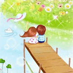  Девочка с мальчиком сидят <b>на</b> деревянном мостике  гифка анимация
