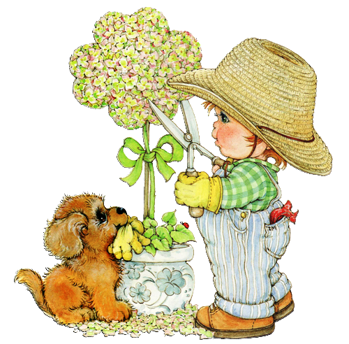 Красивый рисунок. Крошечный садовник держит в руках ножницы