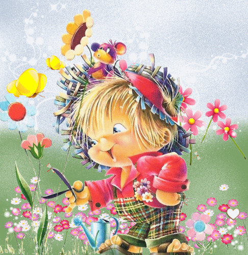 Красивая анимашка веселый малыш срезает цветы садовыми но...