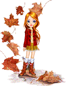 Анимация длинноволосой модницы среди осенних листьев