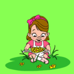  Девочка сидит на лужайке и <b>подбрасывает</b> цветочки  гифка анимация
