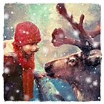 Девочка в красной шапке разговаривает с оленем под снегом