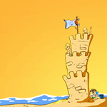  Мальчик построил огромный замок из песка <b>на</b> берегу моря  гифка анимация