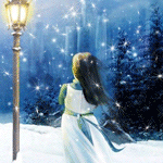  Девочка стоит у фонаря и смотрит <b>на</b> город, падает снег  гифка анимация