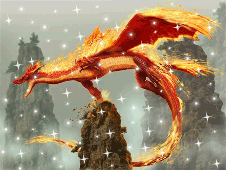 Анимация красного дракона в огне
