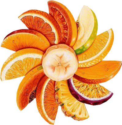 На картинке изображен диковинный цветок из различных фрук...