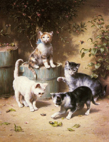 На рисунке четыре маленьких котенка разных мастей играют ...