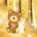  <b>Медведь</b> с сердечком и заяц в осеннем лесу  гифка анимация