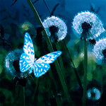 Голубая бабочка на одуванчиках
