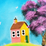Детский рисунок с желтым домом и летающими бабочками