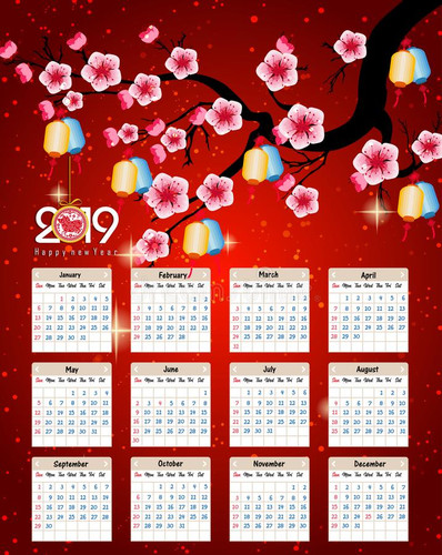 Календарь 2019 китайский на год свиньи с цветущей сакурой