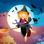  Ведьма <b>на</b> метле с черным котом <b>на</b> фоне луны  гифка анимация