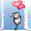  Кот летает на воздушных шарах в форме <b>сердечек</b>  гифка анимация