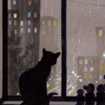  Кот сидит <b>на</b> подоконнике и смотрит <b>на</b> идущий <b>на</b> улице дождь  гифка анимация