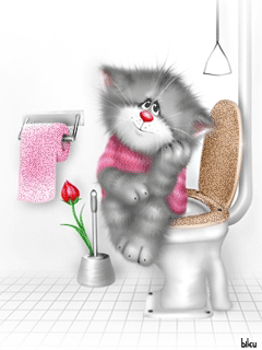  Серый кот грустит на унитазе с <b>цветком</b>  гифка анимация