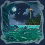  Ночное море, луна и маяк. взгляд <b>из</b> пещеры  гифка анимация