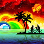 Двое на велосипедах на островке с пальмами посреди моря