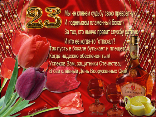 Поздравление к 23 февраля в стихах с тюльпанами и коньяком