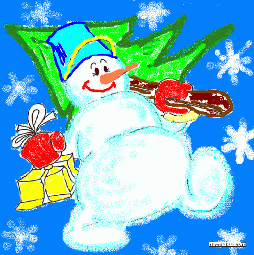 Снеговик спешит встречать Новый год с елкой и тортом