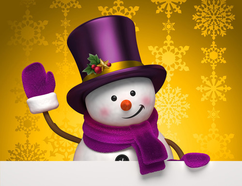 Улыбающийся снеговик приветливо машет сиреневой варежкой